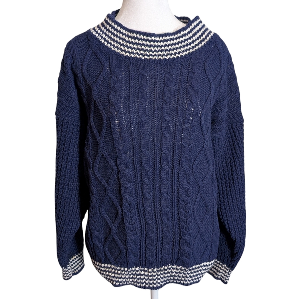 Vintage‎ Paris Sports Club Cable Knit Sweater Navy Blue Striped Trim Cotton Sz L